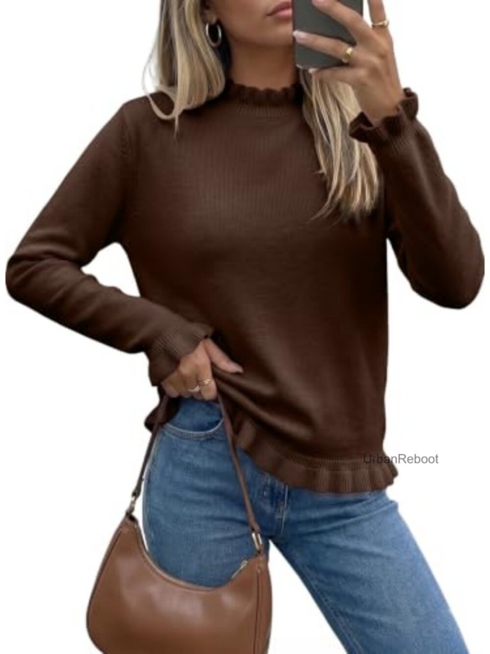 Women's Peplum Pullover Sweater Ruffle Mock Neck Long Sleeve Knit Work Top